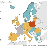 Rubella notification rate per million population by country, EU/EEA, 1 May 2018–30 April 2019