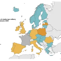 Rubella notification rate per million population by country, EU/EEA, 1 February 2019–31 January 2020