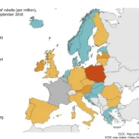 Rubella notification rate per million population by country, EU/EEA, 1 October 2017 to 30 September 2018 