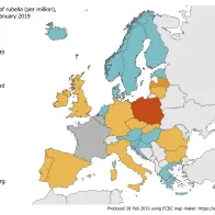 Rubella notification rate per million population by country, EU/EEA, 1 February 2018 to 31 January 2019