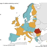 Map showing the vaccination coverage for the first dose of rubella-containing vaccine by country, EU/EEA, 2017 