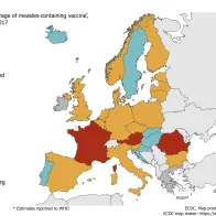 Map showing the vaccination coverage for the second dose of measles containing vaccine, by country, EU/EEA, 2017