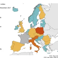 Rubella notification rate per million population by country, 1 December 2016 – 30 November 2017, EU/EEA countries