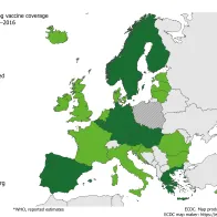 Vaccination coverage for the first dose of rubella-containing vaccine by country, 2015–2016, EU/EEA countries