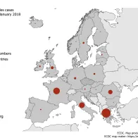 Distribution of measles cases by country, January 2018 in EU/EEA countries