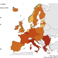 Measles notification rate per million population by country, 1 February 2017 – 31 January 2018, EU/EEA countries