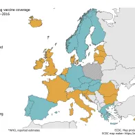 Vaccination coverage for the first dose of rubella-containing vaccine by country, 2015–2016, EU/EEA countries