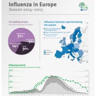 Infographic showing influenza intensity reported during the season, circulating viruses and influenza trend.