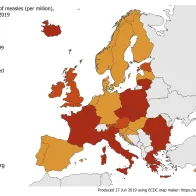 Measles notification rate per million population by country, EU/EEA, 1 June 2018 to 31 May 2019