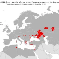 West Nile fever transmission season 2011 - Distribution of West File fever cases by affected areas European region and Mediterranean basin 
