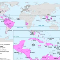 Map showing the Zika transmission in past nine months, as of April 2017 