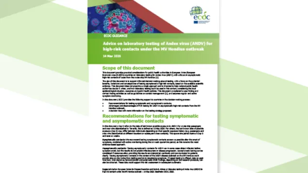 Cover of the report: "Advice on laboratory testing of Andes virus (ANDV) for high-risk contacts under the MV Hondius outbreak"