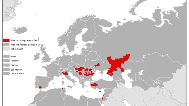 West Nile fever transmission season 2016 - Distribution of cases by affected areas European region and Mediterranean basin