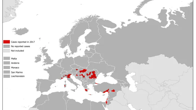 Map showing the West Nile fever cases by affected areas in Europe and the Mediterranean, 2017 transmission season