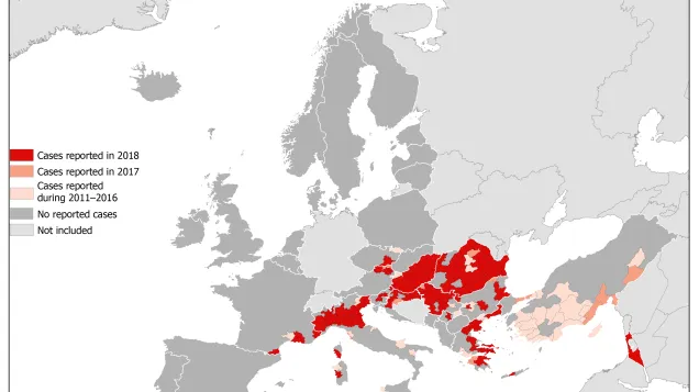 West Nile fever in Europe in 2018 - human cases compared to the previous season; updated 19 October