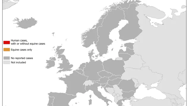 Map: West Nile fever in Europe in 2018 - human and equine cases; updated 14 June