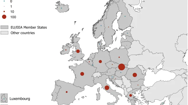 Number of measles cases by country, EU/EEA, July 2018