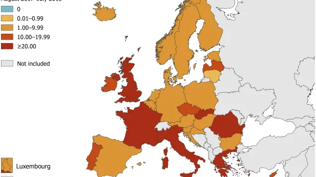 Measles notification rate per million population by country, EU/EEA, 1 August 2017–31 July 2018 