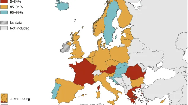 Vaccination coverage for the second dose of measles-containing vaccine, EU/EEA, 2017