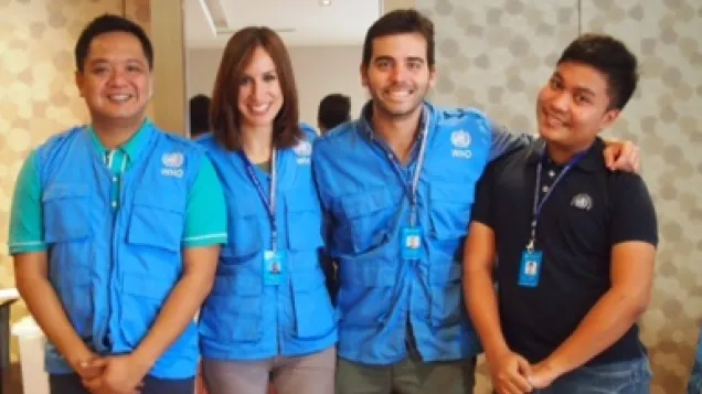 EPIET Postcard from the field - Typhoon Haiyan, Four persons of the WHO team deployed in Zamboanga smiling at the camera