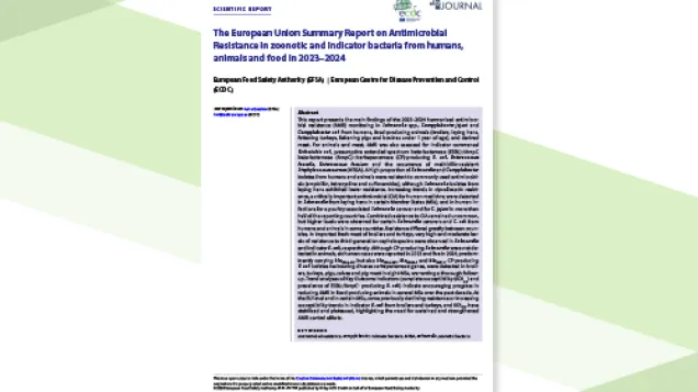 Cover of the report: "The European Union Summary Report on Antimicrobial Resistance in zoonotic and indicator bacteria from humans, animals and food in 2023–2024"