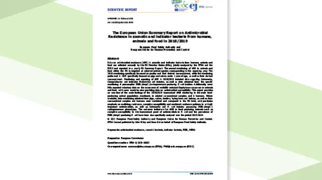 Cover of the report: The European Union Summary Report on Antimicrobial Resistance in zoonotic and indicator bacteria from humans, animals and food in 2018/2019