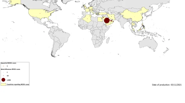 Geographical distribution of confirmed MERS-CoV cases by reporting country from April 2012 to 3 November 2021