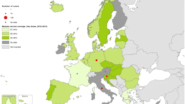 Measles vaccination coverage, two doses, 2012–13, and number of cases, November 2014