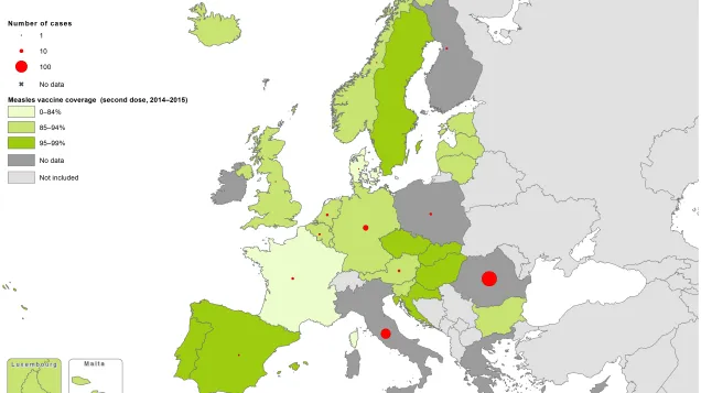 Measles vaccination coverage, second dose 2014-15, and the number of cases, December 2016 