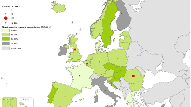 Measles vaccination coverage, second dose, 2013-2014, and number of cases March 2016