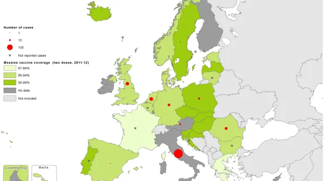 Measles vaccination coverage, second dose 2011-12, and the number of cases, January 2014 