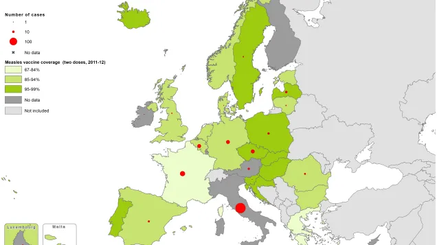 Measles vaccination coverage, two doses, 2011–12, and number of cases, May 2014