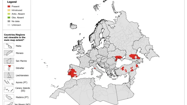 Map showing the current known distribution of Ornithodoros spp. ticks in Europe as of May 2018