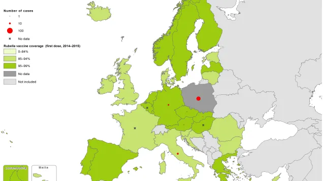 Rubella vaccination coverage, first dose, 2014-2015, and number of cases, April 2017