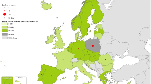 Rubella vaccination coverage, first dose, 2014-2015, and number of cases, May 2017