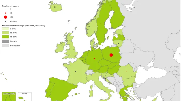 Rubella vaccination coverage, first dose, 2013-2014, and number of cases, May 2016