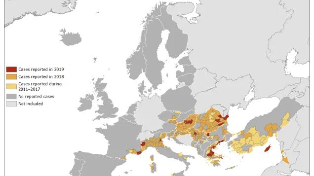 West Nile virus in Europe in 2019 - human cases compared to previous seasons, updated 15 August