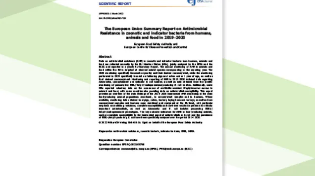 The European Union Summary Report on Antimicrobial Resistance in zoonotic and indicator bacteria from humans, animals and food in 2019–2020 cover