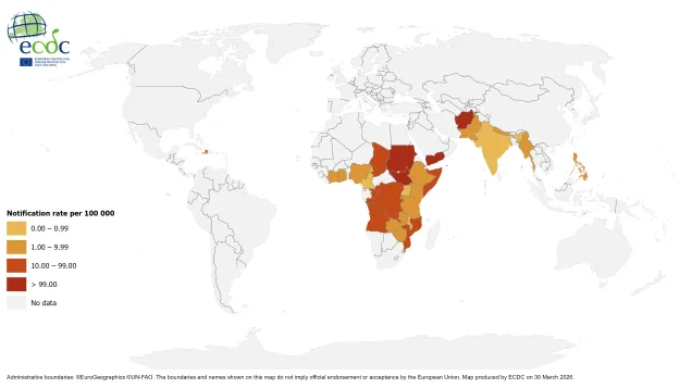 Geographical distribution of cholera cases reported worldwide from March 2025 to March 2026