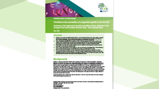 Cover of the report: "Priorities in the prevention of congenital syphilis in the EU/EEA Monitoring of the responses to sexually transmitted infection epidemics in the European Union and European Economic Area – 2024 progress report"