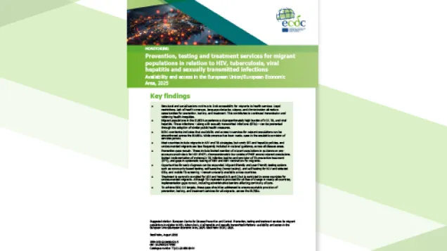 Cover of the report: "Prevention, testing and treatment services for migrant populations in relation to HIV, tuberculosis, viral hepatitis and sexually transmitted infections"