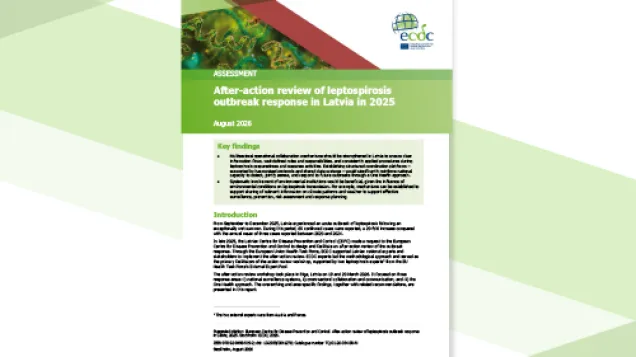 Cover of the report: "After-action review of leptospirosis outbreak response in Latvia in 2025"