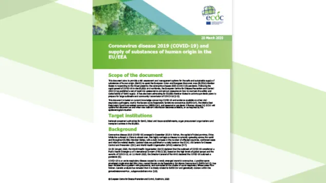 Cover of the report: Coronavirus disease 2019 (COVID-19) and supply of substances of human origin in the EU/EEA