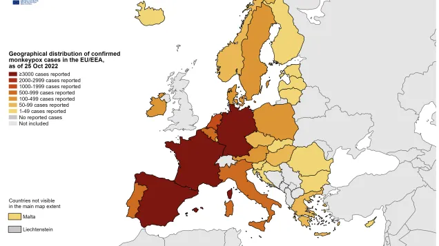 Geographical distribution of confirmed monkeypox cases in the EU/EEA since the start of the outbreak, and as of 25 October 2022