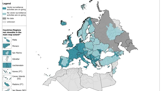 Map showing the surveillance of exotic mosquitoes in Europe, April 2017