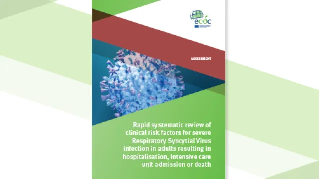 Cover of the report: "This rapid systematic review aimed to identify and assess the strength and consistency of associations between clinical risk factors and severe RSV outcomes in adults, to inform risk stratification and support evidence-based prioritisation of vaccination and other preventive interventions in high-risk populations in the European Union/European Economic Area (EU/EEA)."