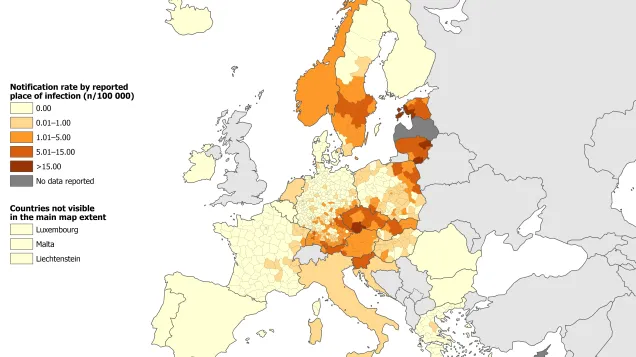 Notification rates of confirmed locally-acquired tick-borne encephalitis cases per 100 000 population, EU/EEA countries, 2022