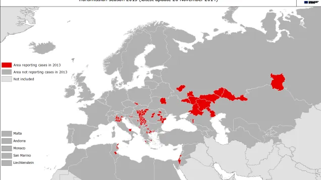 West Nile fever transmission season 2013 - Distribution of West File fever cases by affected areas European region and Mediterranean basin