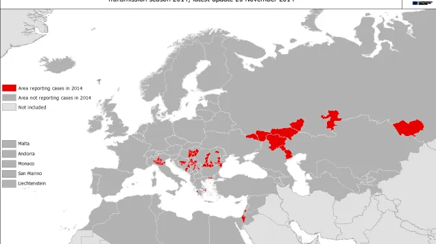 West Nile fever transmission season 2014 - Distribution of West File fever cases by affected areas European region and Mediterranean basin