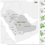 Geographical distribution of confirmed cases of MERS in Saudi Arabia by probable region of infection and exposure, with dates of onset from January 2013 to March 2025